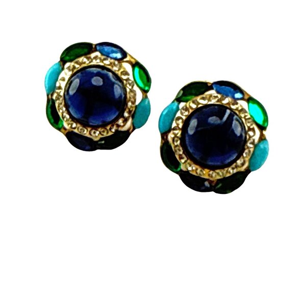 Vintage Gold Tone Rhinestone Flower Stud Earrings Blue Green Round Statement - Picture 2 of 6